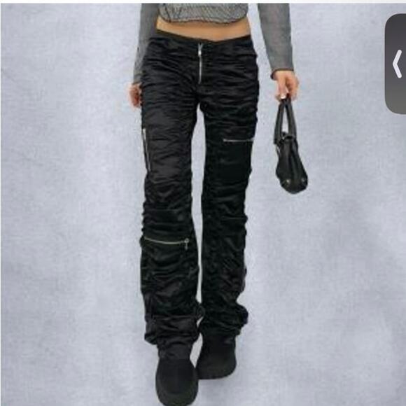 Seven express Pants - Seven Express Y2K Ruched Satin Cargo Pants Flare Leg Black 26 Cyber Clubwear